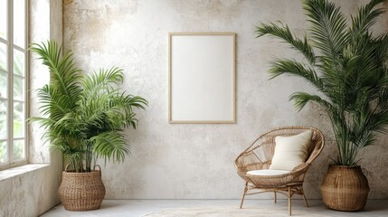 Poster - Plants decorating living room with blank frame mockup