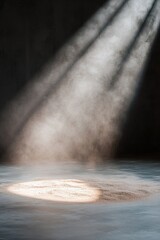 Poster - A warm spotlight casts a circular glow on a gray floor, revealing subtle floating dust particles that enhance the intimate atmosphere. This makes for a perfect stage setting
