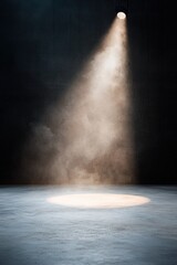 Poster - A warm spotlight casts a gentle glow on a textured gray floor, illuminating subtle floating dust particles, creating an intimate and professional atmosphere suitable for performances
