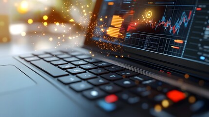 Poster - Futuristic Data Analytics Overlay on Laptop Keyboard with Dynamic Glowing Charts and Graphs Depicting Insightful Financial and Statistical Information for Advanced Technology Concept