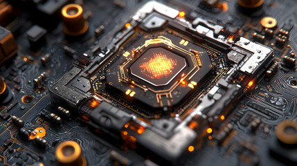 Poster - Glowing CPU chip on circuit board; tech background
