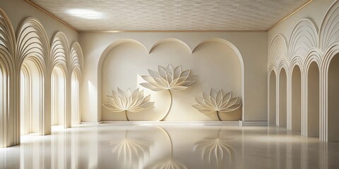 Wall Mural - Serene Interior with Elegant Archways and Lotus Flower Wall Decor