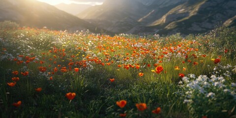 Sticker - Mountain landscape with blooming flowers