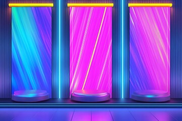 Poster - Three vibrant neon-lit podiums with abstract colorful backdrops.