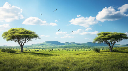 african savannah landscape with trees. vector cartoon illustration of beautiful summer scenery with 