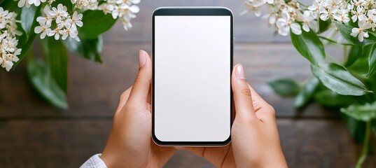 Poster - Woman Holding Smartphone With Blank White Screen On Rustic Wooden Background With Floral Top Border