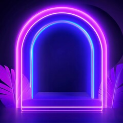Poster - Neon Archway with Purple and Blue Glowing Lines and Tropical Leaves