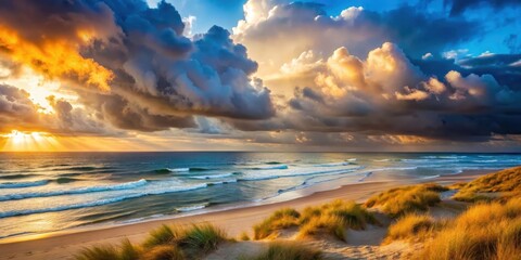 Canvas Print - Serene Coastal Sunset with Dramatic Clouds and Rolling Waves on Sandy Beach