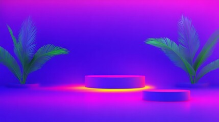 Poster - neon-lit product display with vibrant purple background and tropical palm fronds.