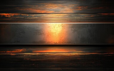 Poster - Glowing metal plate on dark wood background.