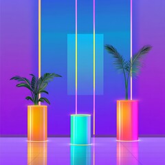 Poster - Neon-lit minimalist display with vibrant cylinders and tropical plants.