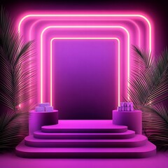 Poster - Purple Product Display with Neon Lights and Palm Leaves