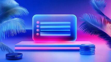 Poster - Neon Glowing Interface Display on Tropical Platform with Coins