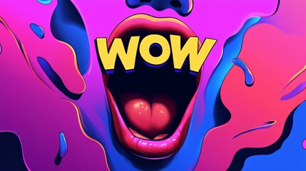 Poster - Open mouth with wow lettering over colorful abstract background representing surprise, excitement, and astonishment in vibrant and dynamic pop art style