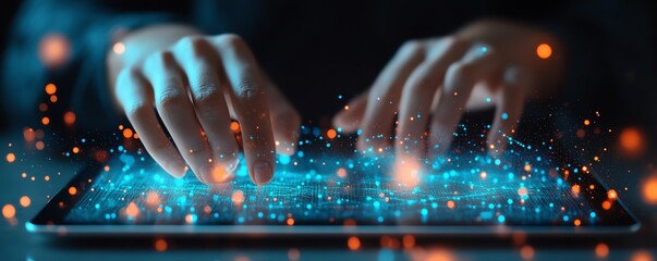 Aufkleber - A person using a tablet with holographic digital icons around, representing the interconnectedness and flow of data in the digital ecosystem