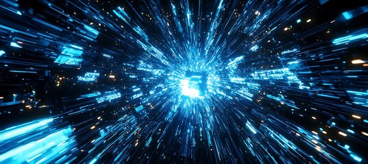Poster - Abstract Blue and Black Data Stream Explosion, Digital Hyper-Space Tunnel