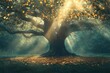 © julija - ancient wisdom tree with golden coins as leaves in mystical misty forest, rays of light filtering through branches, symbolizing abundance