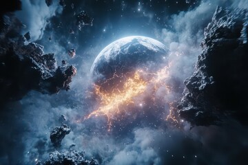 Wall Mural - apocalyptic space scene with earth surrounded by cosmic debris and energy waves, cinematic sci-fi style with dramatic lighting