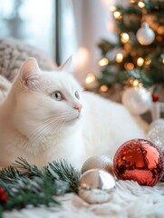 Sticker - White Cat and Christmas Tree