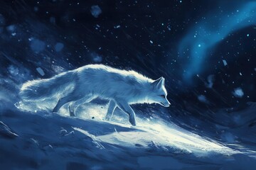 Wall Mural - arctic fox hunting in twilight blizzard, its white fur catching blue shadows as northern lights danc