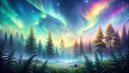 Wall Mural - Enchanted Forest Under a Celestial Aurora Displaying Swirling Hues of Magical Light