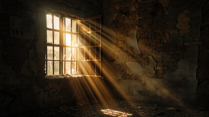 Wall Mural - Abandoned room with sunlight streaming through broken window, creating dramatic shadows and highlighting textured walls. sense of mystery and nostalgia fills space