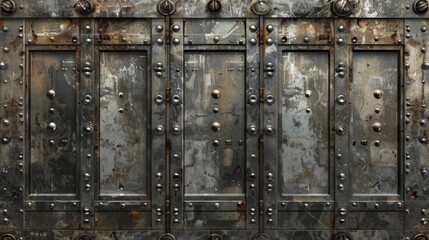 Poster - Rusty metal door with rivets and panels, showcasing industrial design and weathered texture. surface displays mix of gray and brown tones, adding character and depth