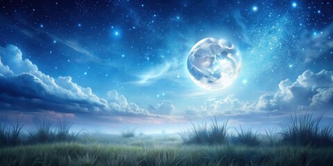 Wall Mural - Serene Night Landscape Featuring a Gigantic Moon and Starry Sky Above a Misty Grassland