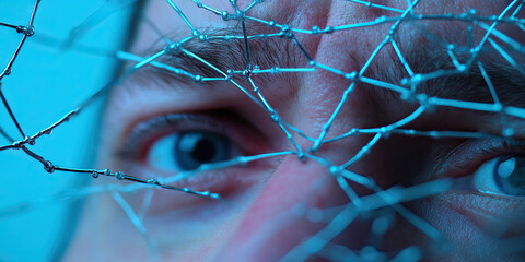 Poster - Human Face Partially Obscured by Wire Mesh