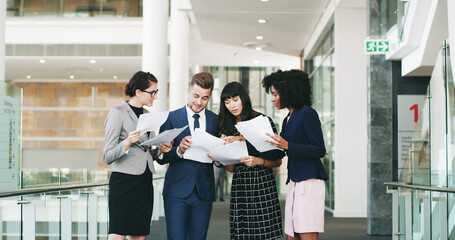Poster - Office, colleagues and discussion with paperwork, meeting and people with evidence for case and paralegal. Smile, group and employees with documents in law firm, happy or legal assistant with records