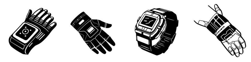 Poster - Various designs of futuristic wearable technology showcasing smart gloves and watches on a white background