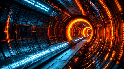 Poster - futuristic tunnel, glowing lights, digital travel