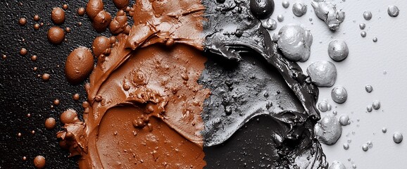 Aufkleber - Abstract paint texture, brown, black, silver swirls and droplets on dark and light backgrounds.