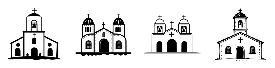 Poster - Distinctive architectural designs of different churches showcasing unique features and styles in a monochromatic illustration