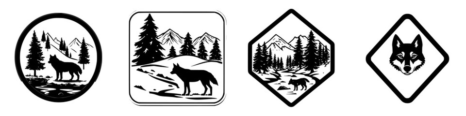 Poster - Nature-inspired black and white wolf illustrations featuring mountains and trees in various shapes