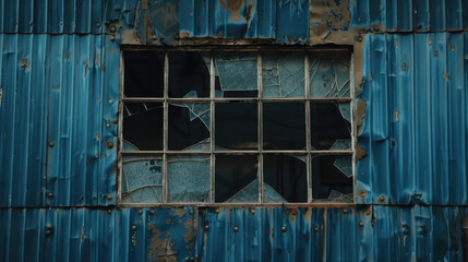 Wall Mural - weathered blue metal wall with broken window, showcasing shattered glass and rust. scene evokes sense of decay and abandonment