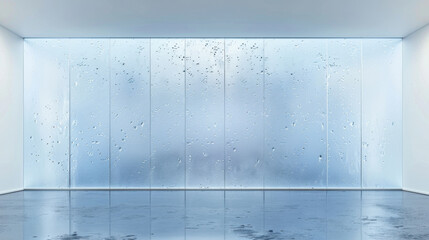 Poster - modern interior space with glass walls featuring condensation and water droplets, creating serene at