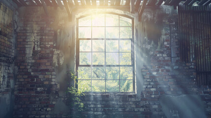 Wall Mural - Abandoned building with large window, sunlight streaming through, illuminating interior. Nature visible outside, creating serene atmosphere