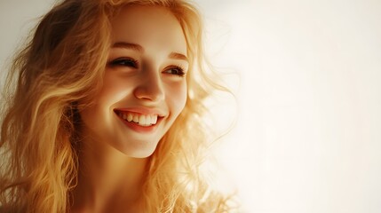 Wall Mural - A blonde woman smiles radiantly, her hair catching the light.