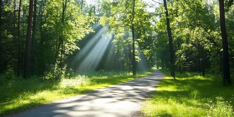 Wall Mural - Sunlit path through green forest. Peaceful nature scene