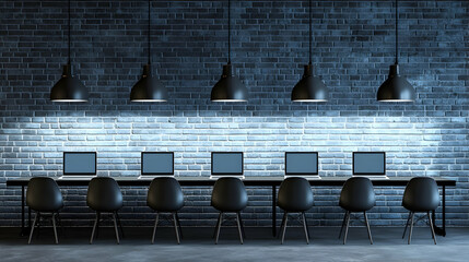Poster - Coworking space, night, brick wall, laptops