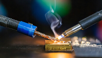 Poster - Close-up shot of precision soldering, showcasing intricate details of the process.  Smoke and bright light highlight the intense focus and technical skill involved.