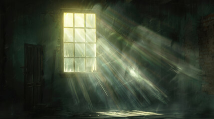 Wall Mural - Sunlight streaming through dusty window in abandoned room, creating mystical atmosphere. interplay of light and shadows evokes sense of nostalgia and mystery