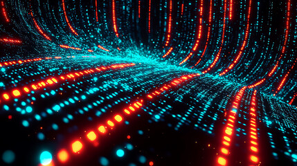 Poster - Stunning abstract image of vibrant red and teal particles flowing dynamically across a dark background.  Perfect for tech, data visualization, or futuristic design projects.
