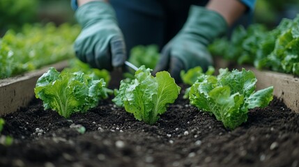 Wall Mural - Hands planting lettuce, organic gardening, fresh produce, healthy growth, farm work, ideal for agriculture, food and lifestyle themes.