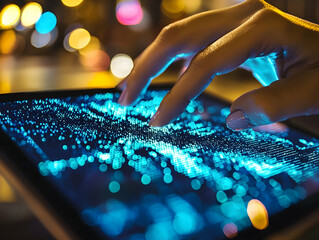 Poster - Woman uses tablet, night city bokeh. Data analysis