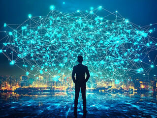 Poster - Businessman overlooking city network