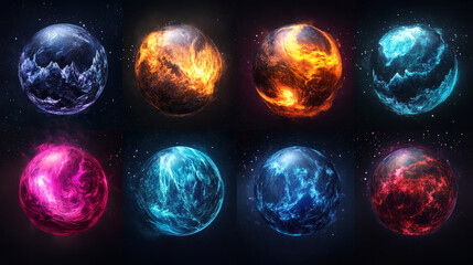 Huge set of fantasy planets isolated on dark background. Colorful alien space globes with cold ice, hot lava, toxic bubbles, mysterious neon textures. Gui design elements. Cartoon vector illustration