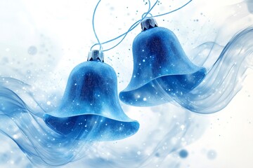 Wall Mural - two blue christmas bells hanging and swinging on white background with sparkles