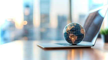 Poster - Global connectivity through technology in modern workspace with globe and laptop